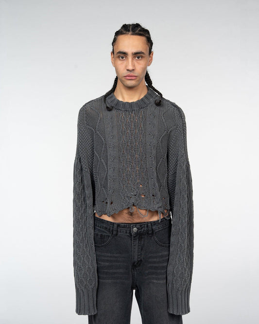 DISTRESSED STONE WASH CROP SWEATER