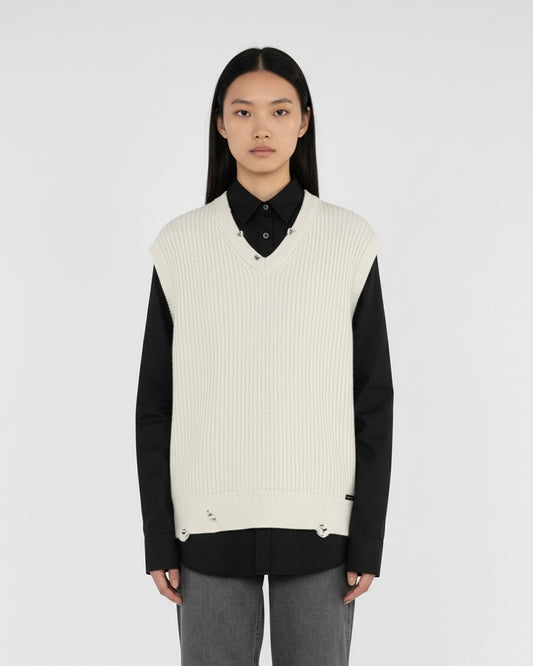 DISTRESSED KNIT VEST WHITE