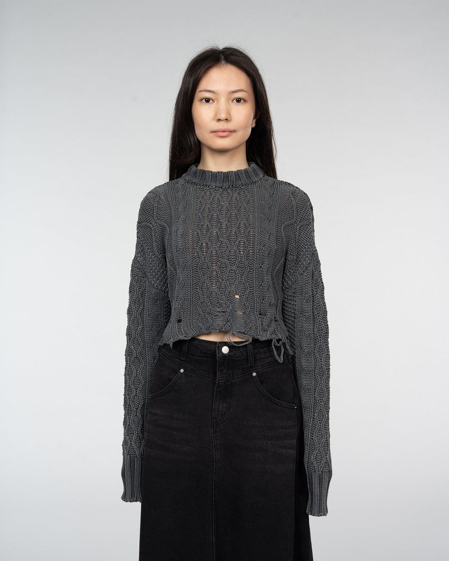 DISTRESSED STONE WASH CROP SWEATER