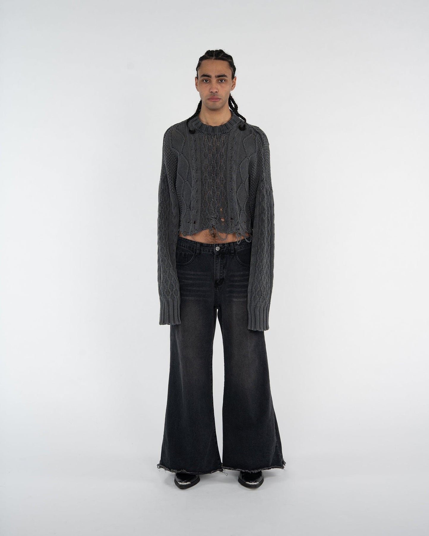 DISTRESSED STONE WASH CROP SWEATER