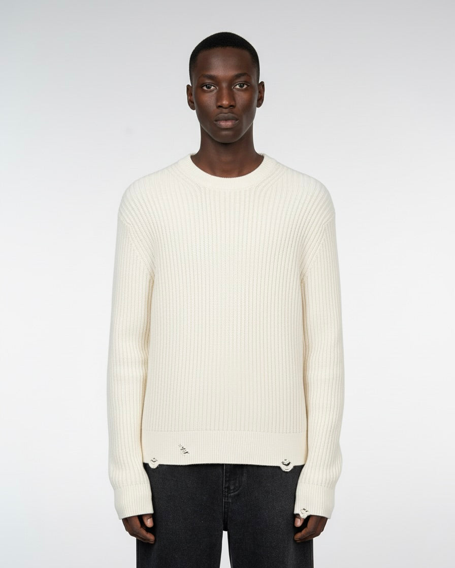 DISTRESSED ORGANIC COTTON SWEATER WHITE